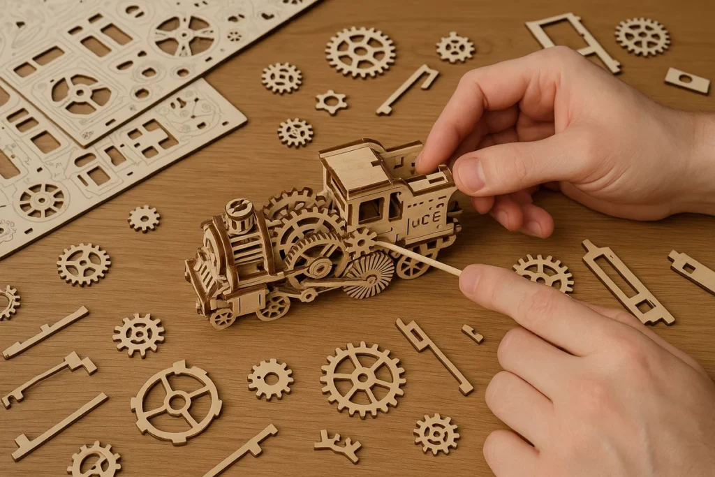 Zwei Hände korrigieren einen Baufehler an einem mechanischen Holzmodell mit Zahnrädern