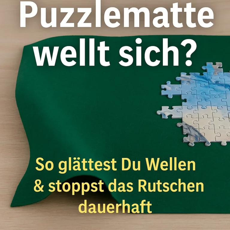 Wellig gewordene grüne Puzzlematte mit halbfertigem Puzzle auf Holztisch