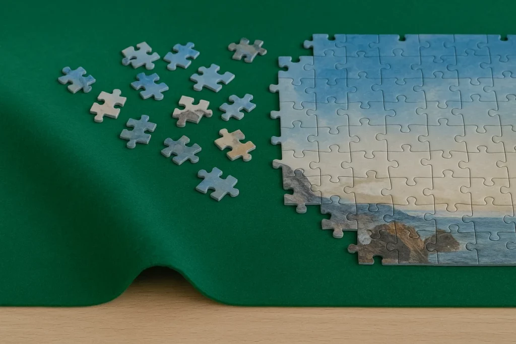 Grüne Puzzlematte mit deutlich sichtbarer Wölbung und halbfertigem Puzzle