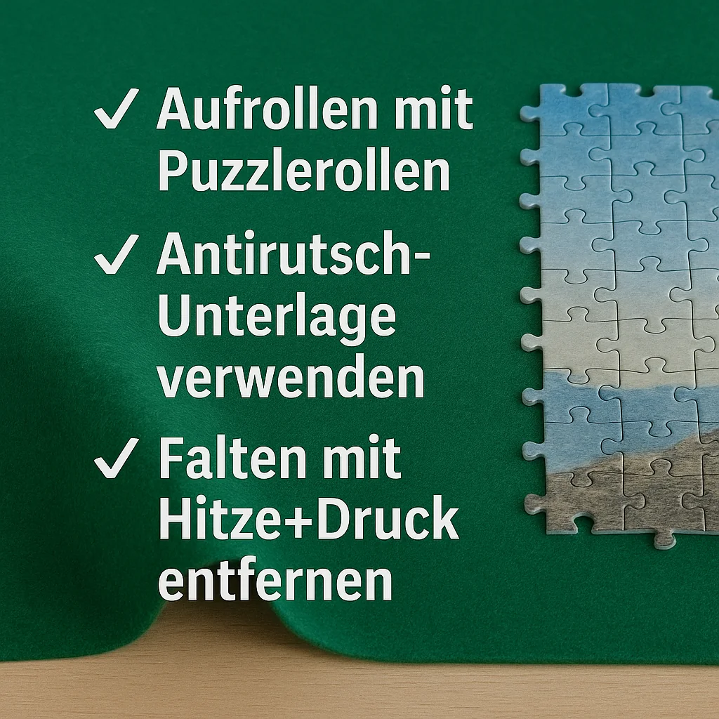 Wellig gewordene grüne Puzzlematte mit Text zu Ursachen wie Falten oder Lagerung