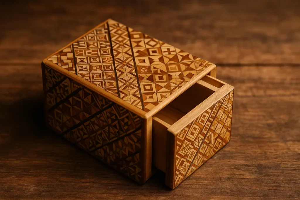 Geöffnete Puzzlebox mit traditionellen Intarsien auf einem Holztisch