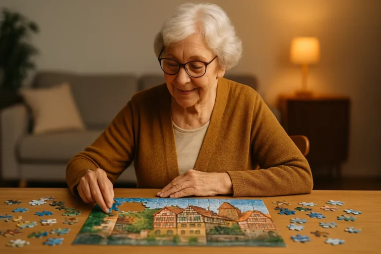 Ältere Frau mit weißem Haar legt ein Puzzle mit Fachwerkhäusern auf einem Holztisch