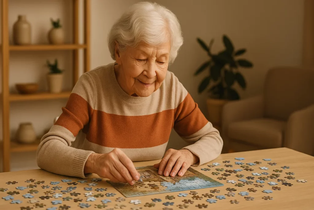 Seniorin mit weißem Haar puzzelt konzentriert an einem Tisch in gemütlicher Umgebung