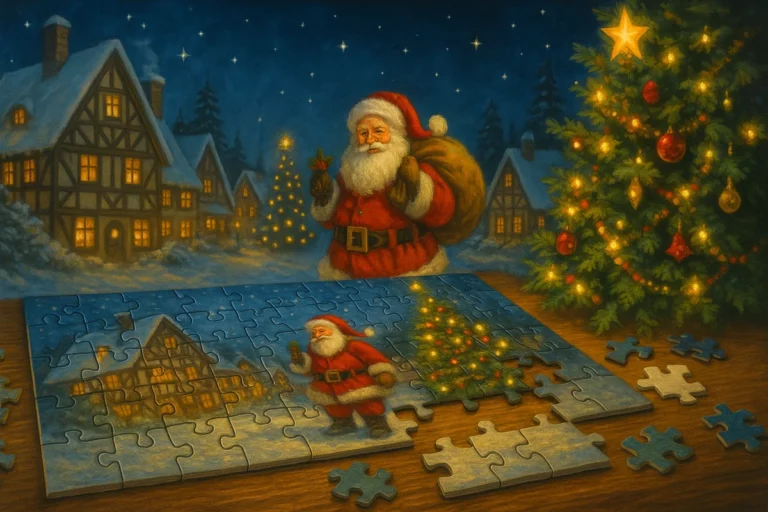 Weihnachtsmann mit Geschenkesack neben einem leuchtenden Tannenbaum und einem halbfertigen Puzzle mit Wintermotiv