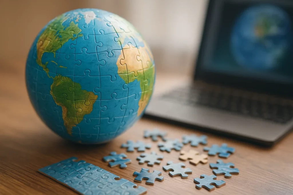 3D-Puzzle-Globus auf Holztisch mit flachem Puzzle und Laptop im Hintergrund