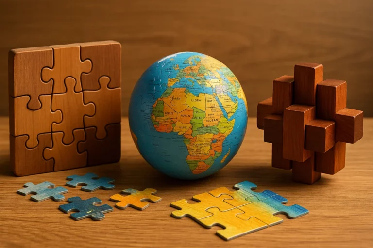 Verschiedene Puzzlearten aus Holz, Karton und ein 3D-Globus auf Holztisch