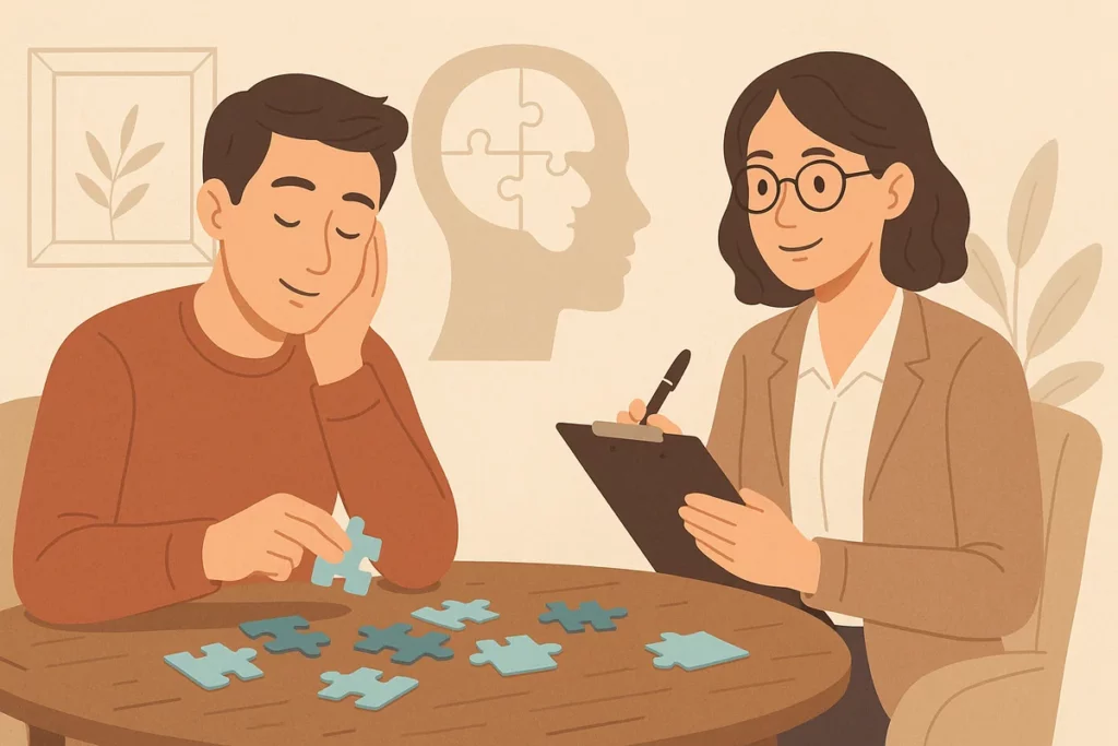 Mann puzzelt nachdenklich während Psychologin mit Klemmbrett lächelnd beobachtet