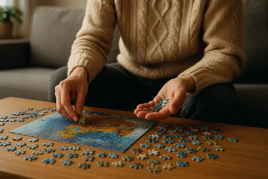 Person in beigem Pullover puzzelt konzentriert an einem Tisch in gemütlicher Umgebung