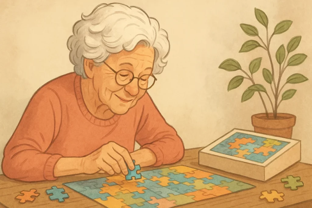 Seniorin mit Brille und weißem Haar puzzelt an einem farbenfrohen Motiv