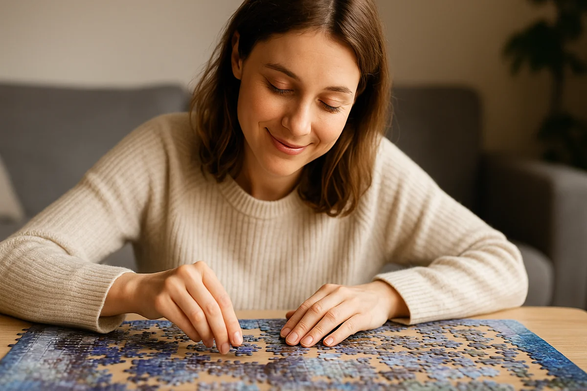 Frau mit braunem Haar sitzt lächelnd am Tisch und puzzelt konzentriert