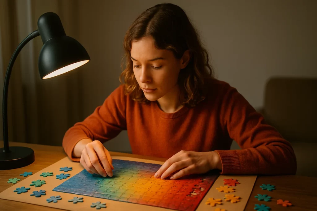 Frau konzentriert sich beim Puzzeln an einem Tisch mit bunter Puzzlefläche
