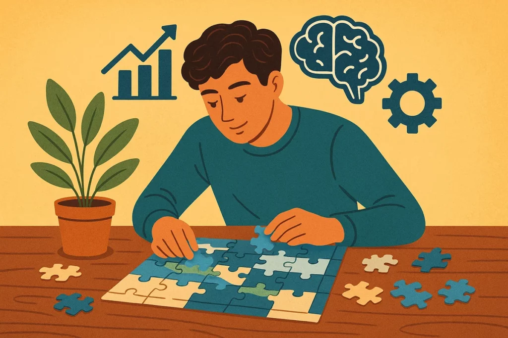 Konzentrierter junger Mann puzzelt an einem Holztisch mit Symbolen für Gehirn, Wachstum und Problemlösung im Hintergrund