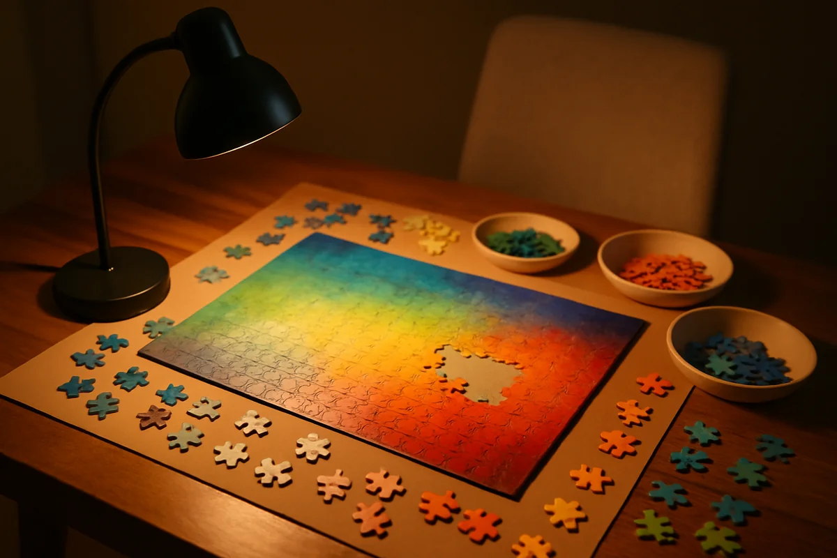 Teilweise fertiggestelltes buntes Puzzle auf Tisch unter Schreibtischlampe