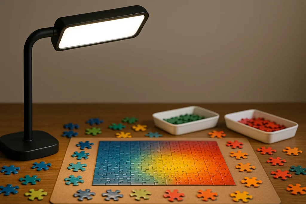 LED-Tischlampe strahlt auf buntes Puzzle mit Sortierschalen